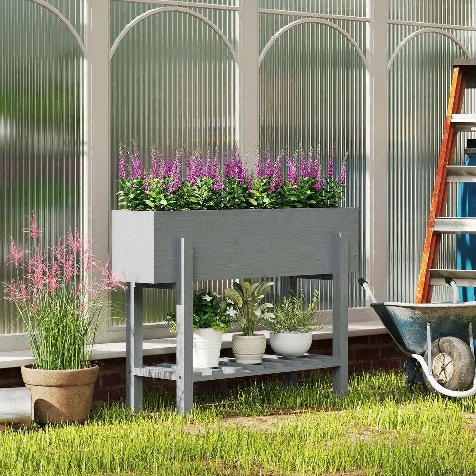 image 1 of Outsunny Wooden Raised Bed w/ Bed Liner, Storage Shelf