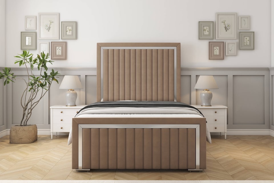 image 1 of Sloomy Boston Chrome Mink Plush Bed Frame With 50" Upholstered Headboard 4'6 Double