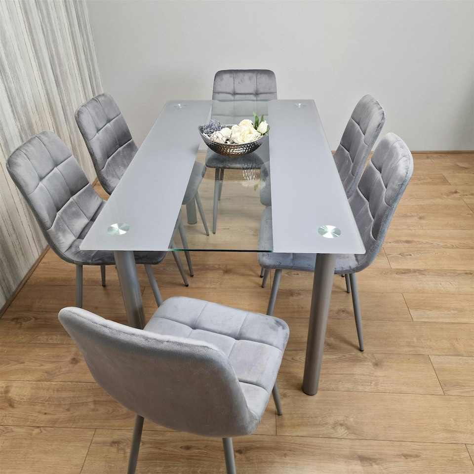 image 1 of Dining Table and 6 Chairs Modern Grey Glass Table With 6 Grey Chairs Dining Room Furniture | Grey | One Size | 8