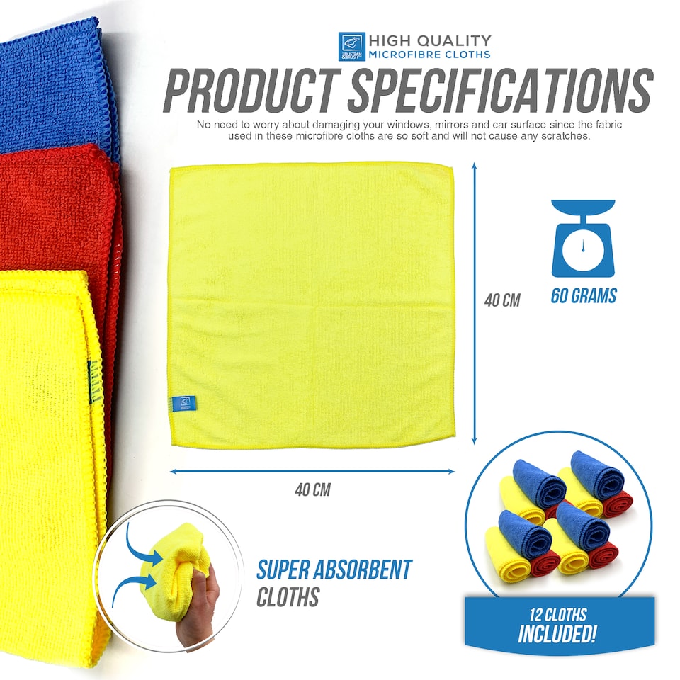 image 1 of Multipurpose Microfibre Cleaning Cloth 40cm x 40cm Super Soft Washable and Lint Free - Pack of 12