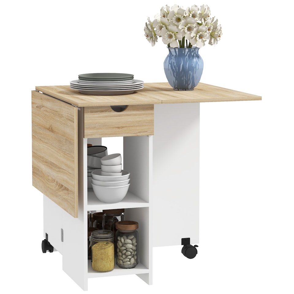 image 1 of HOMCOM Folding Dining Table, Drop Leaf Table for Small Spaces, Foldable Table with Drawer and Storage Shelves for Kitchen, Dining Room, Oak | Brown