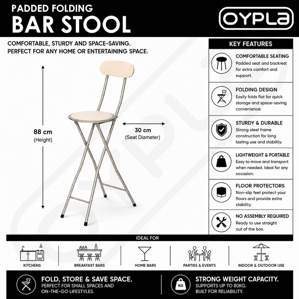 image 1 of White Padded Folding High Chair Breakfast Kitchen Bar Stool Seat | White