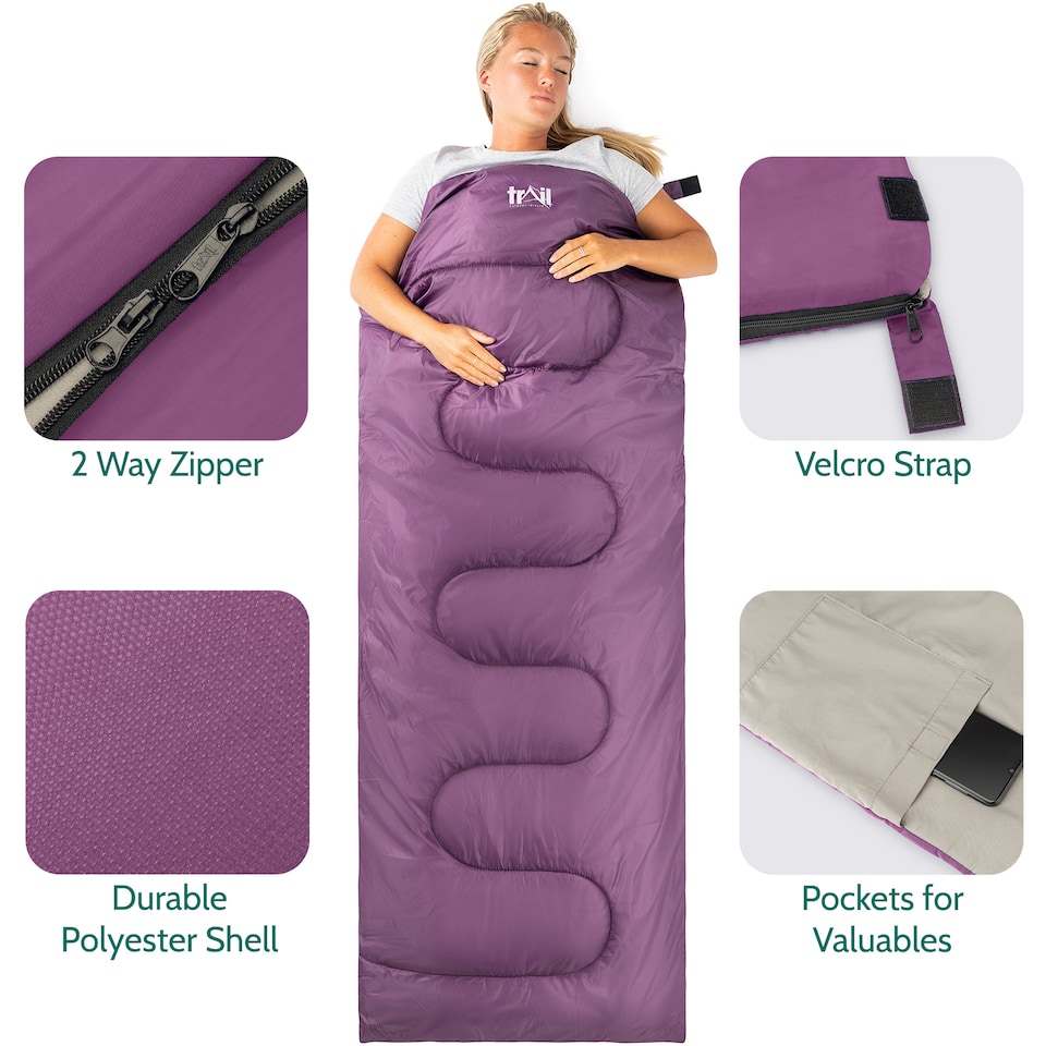 image 1 of Envelope Sleeping Bag 2 Season Single Adult Outdoor Camping 200gsm Trail | Purple | Single | 1