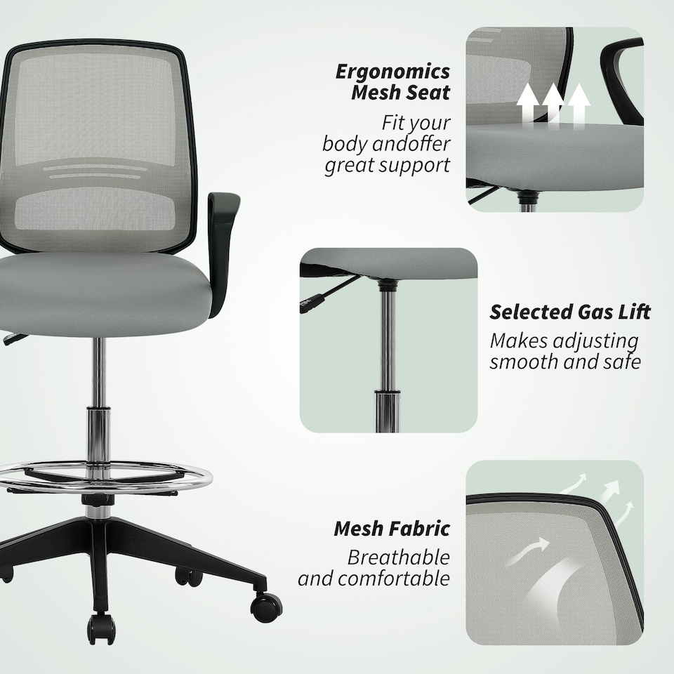 image 1 of Vinsetto Draughtsman Chair Tall Office Chair with Adjustable Height | Grey | One Size