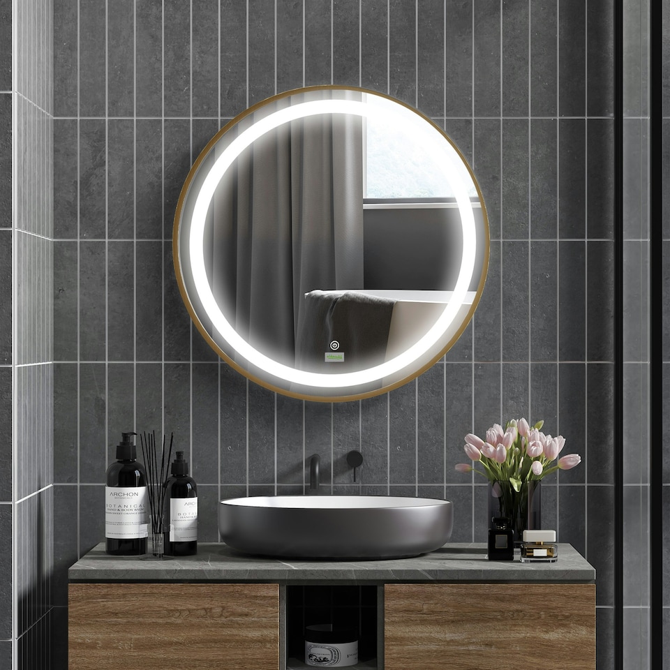 image 1 of kleankin Wall Mounted LED Bathroom Mirror with 3 Light Colours Time Display Gold