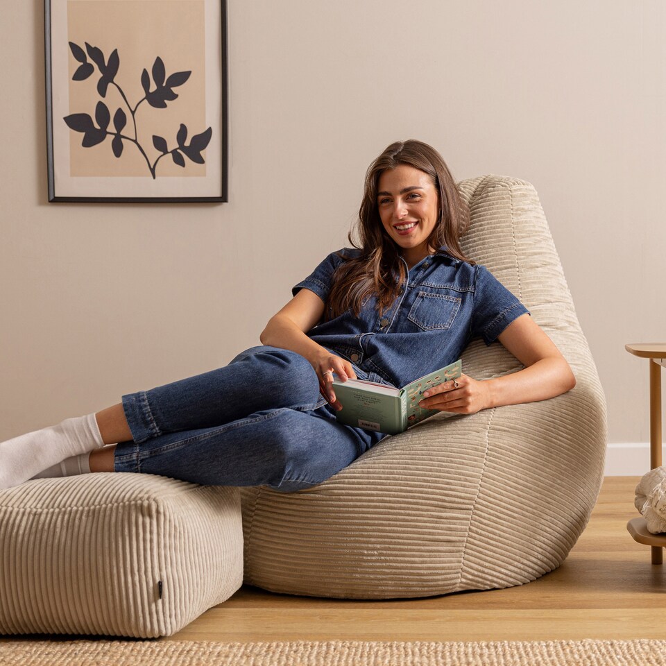 image 1 of Icon Dalton XL Jumbo Cord Recliner Bean Bag and Footstool, Stone