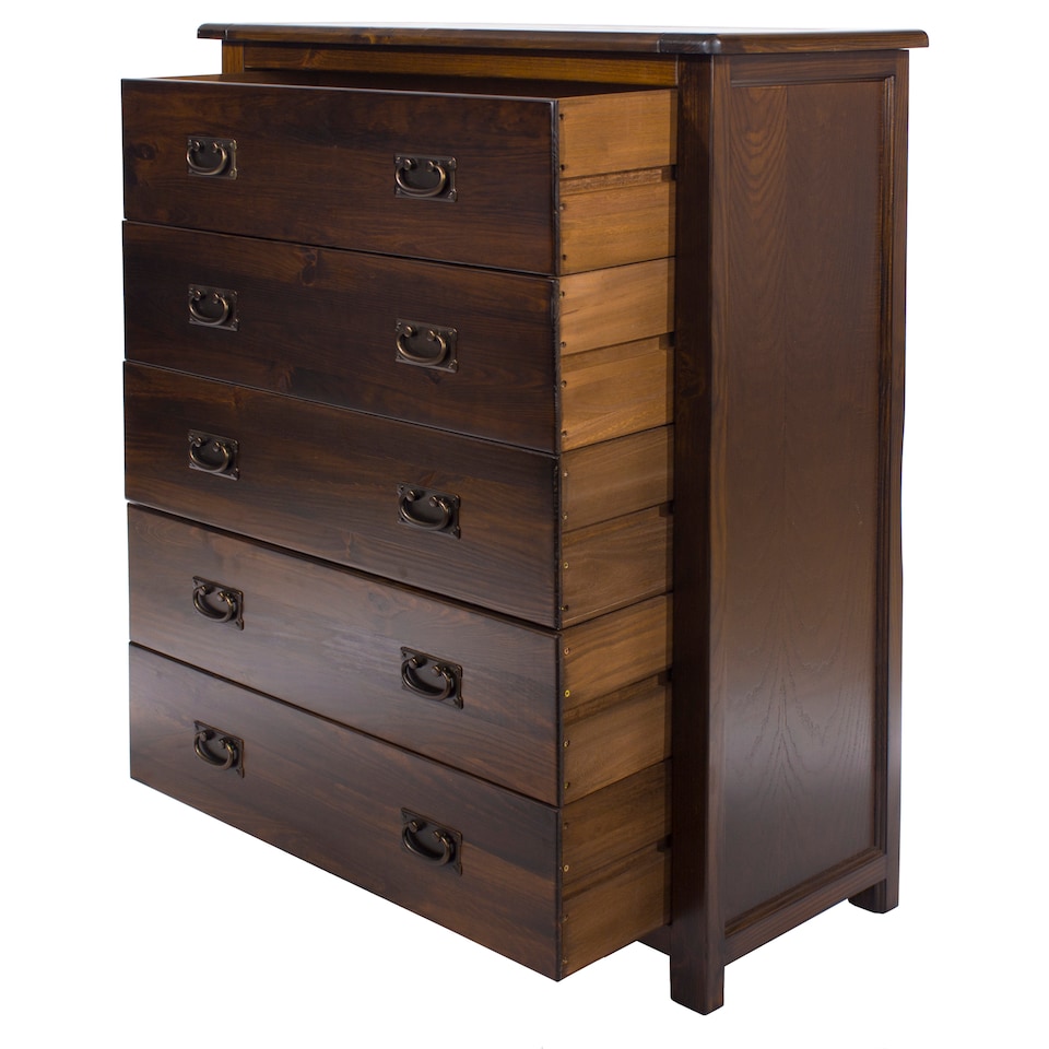 image 1 of Boston 5 Drawer Chest - Rich Dark Brown Lacquer Solid Wood Bedroom Storage with Brass Handles | Brown | Brown | 1