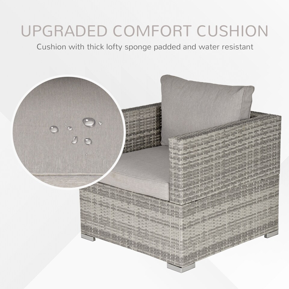 image 1 of Outsunny Single Rattan Garden Chair, PE Wicker Garden Armchair with Cushions, Outdoor Rattan Chair with Armrests and Steel Frame for Conservatory, Porch, Patio, Balcony, Grey