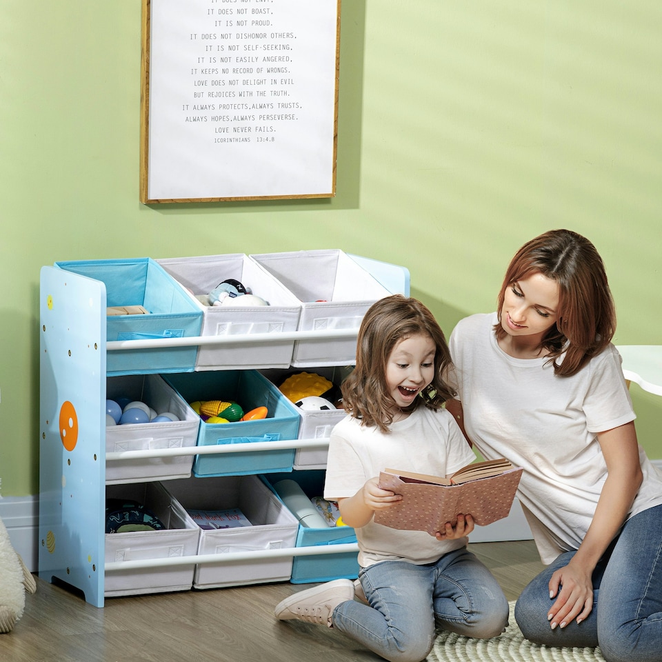 image 1 of ZONEKIZ Storage Unit w/ 9 Removable Storage Baskets for Nursery Playroom - Grey Blue