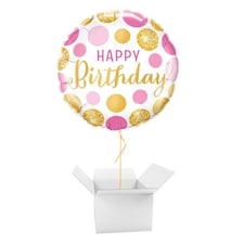 Happy Birthday Pink & Gold Dots Round Foil Helium Balloon - Inflated Balloon in a Box Pink