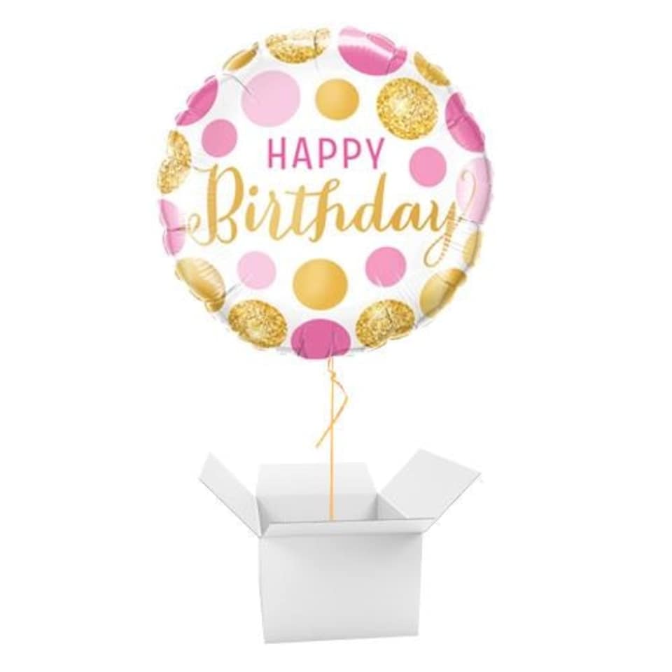 Happy Birthday Pink & Gold Dots Round Foil Helium Balloon - Inflated Balloon in a Box Pink