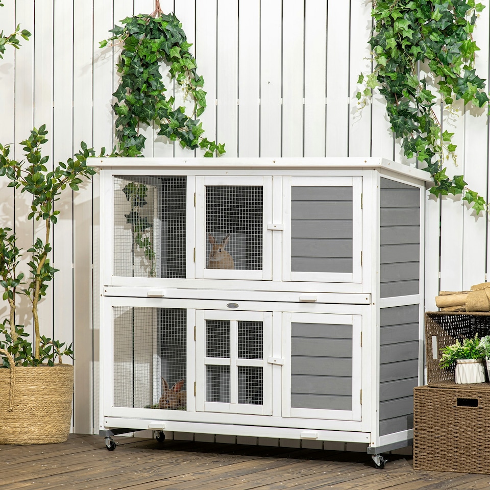 image 1 of PawHut Rabbit Hutch, Guinea Pig Cage with Wheels & Slide-out Trays, Grey