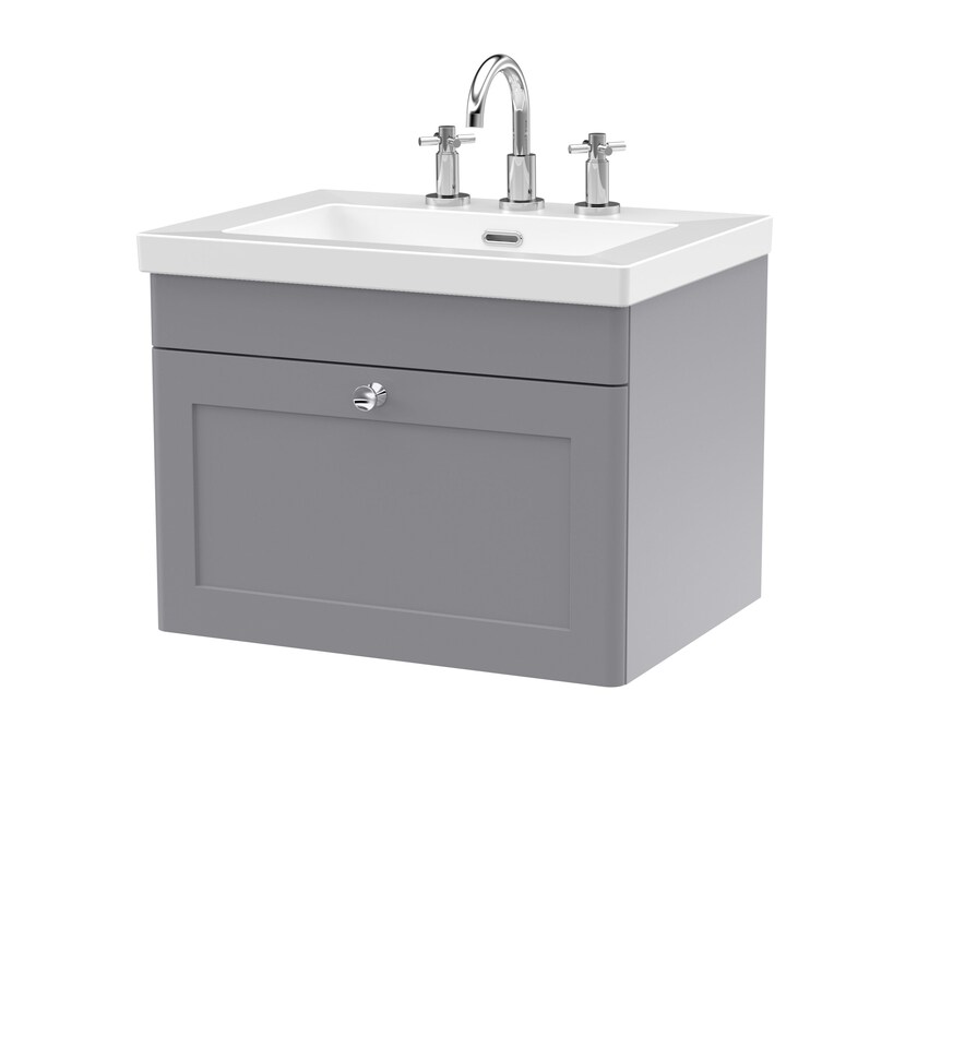 image 1 of Balterley Swynnerton Traditional 1 Drawer Wall Hung Vanity Unit with Fireclay Basin, Satin Grey, 600mm