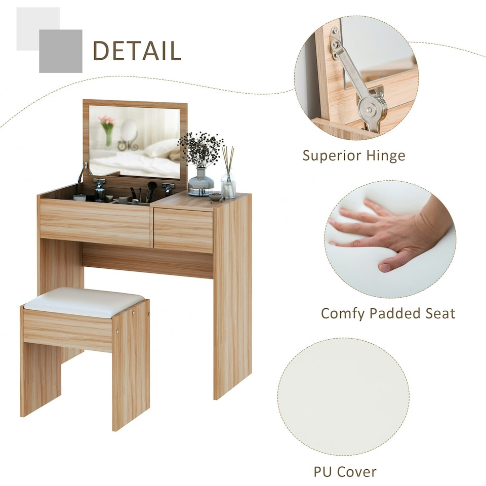 image 1 of HOMCOM Dressing Table Set Cushioned Stool Flip-up Mirror Drawer Chipboard Wood