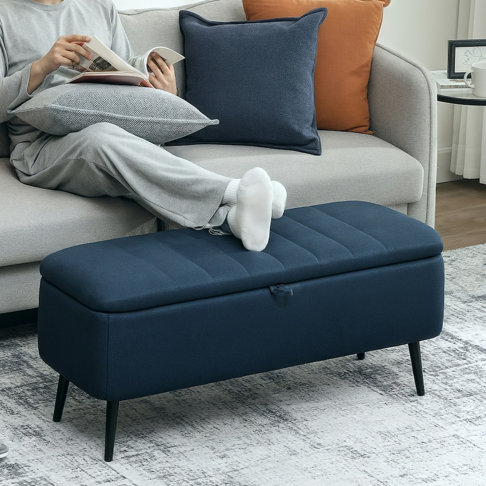 image 1 of HOMCOM Storage Ottoman Bench, Linen-feel Footstool with Steel Legs, Grey
