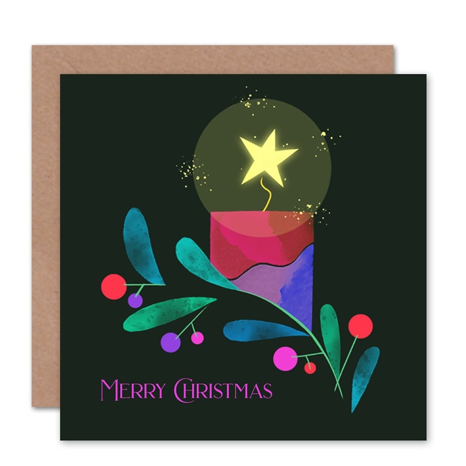 image 1 of Bright Star Candle Mistletoe Dark Modern Graphic Christmas Card