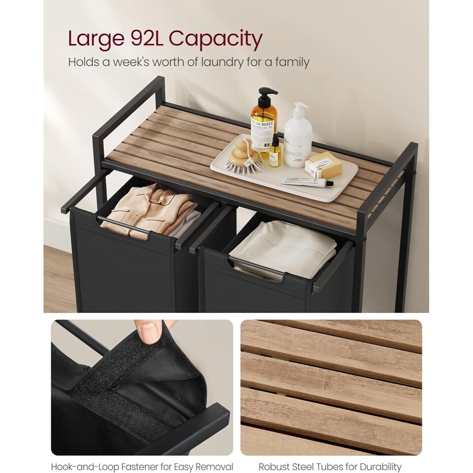 image 1 of 2-Compartment Laundry Hamper with Storage Shelf and Sorter, Camel Brown and Black