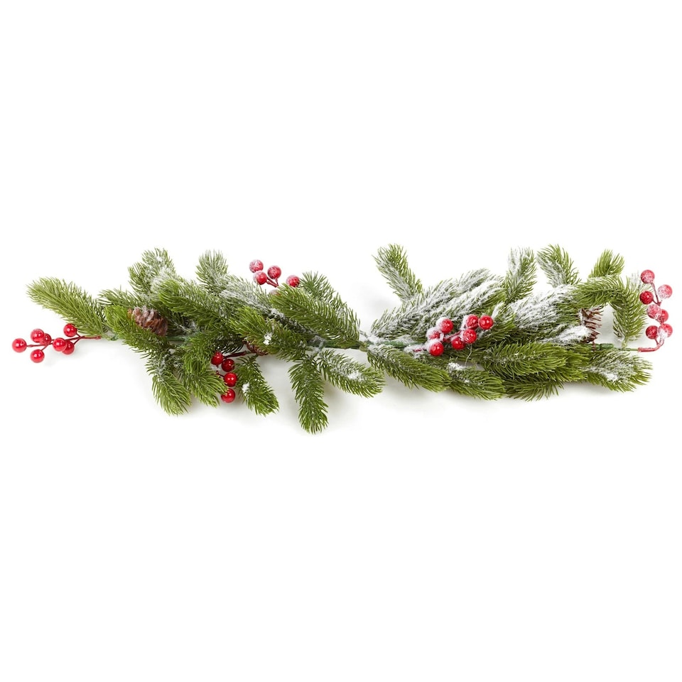 image 1 of 76cm Snowy Christmas Branch Flocked Pine Cone Red Holly Berries Pick Xmas Decor | Multi | 1