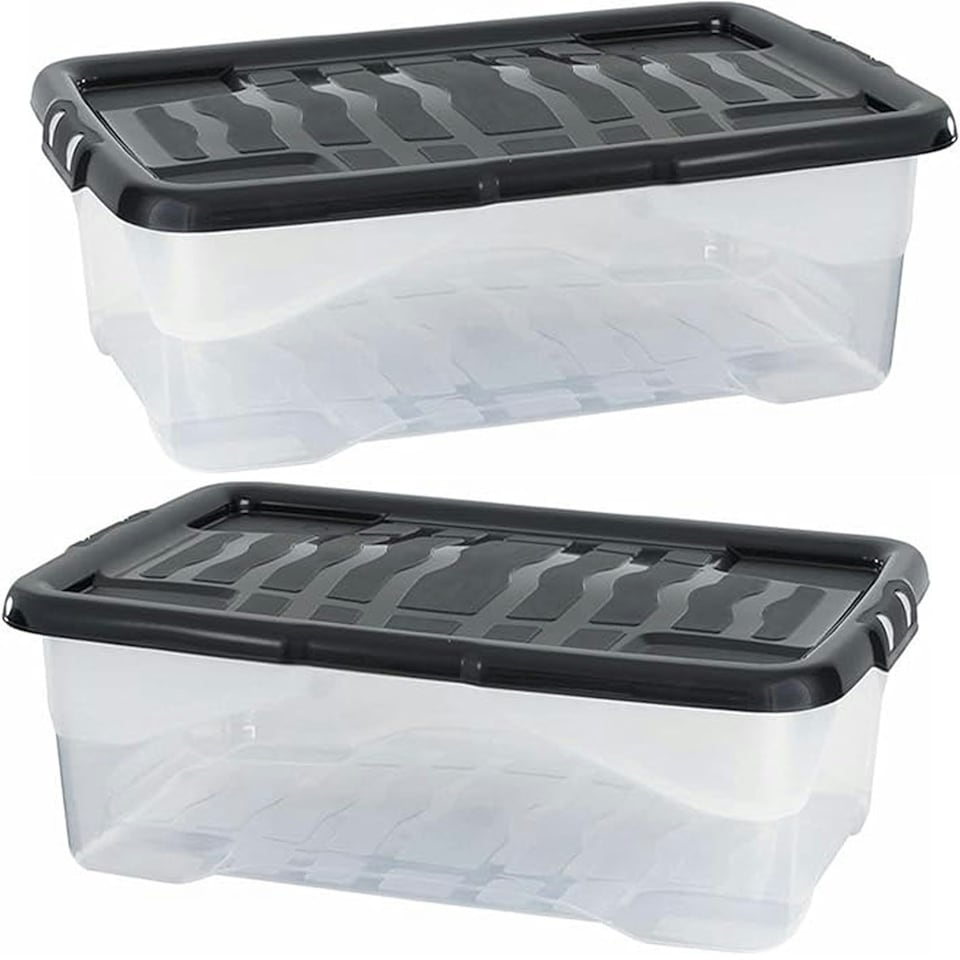 image 1 of 1 x 30 Litres Clear Transparent Base Curve Storage Container With Black Lids For Home & Office Clear
