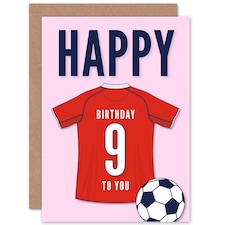 Football Strip Kit Red Jersey Top On Age 9 Year Old Child Kids 9th Birthday Card