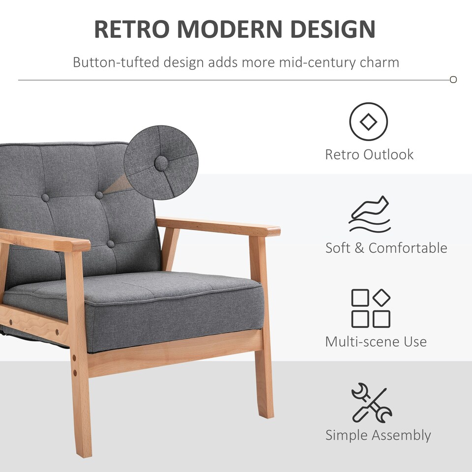 image 1 of HOMCOM Accent Chair Linen Armchair w/ Armrests for Living Room Grey Natural