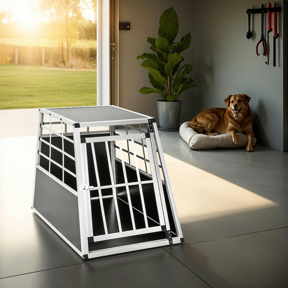 image 1 of Aluminium Pet Car Crate Travel Cage Dog Puppy Cat Transport Kennel 2 sizes - 90x65x69.5cm