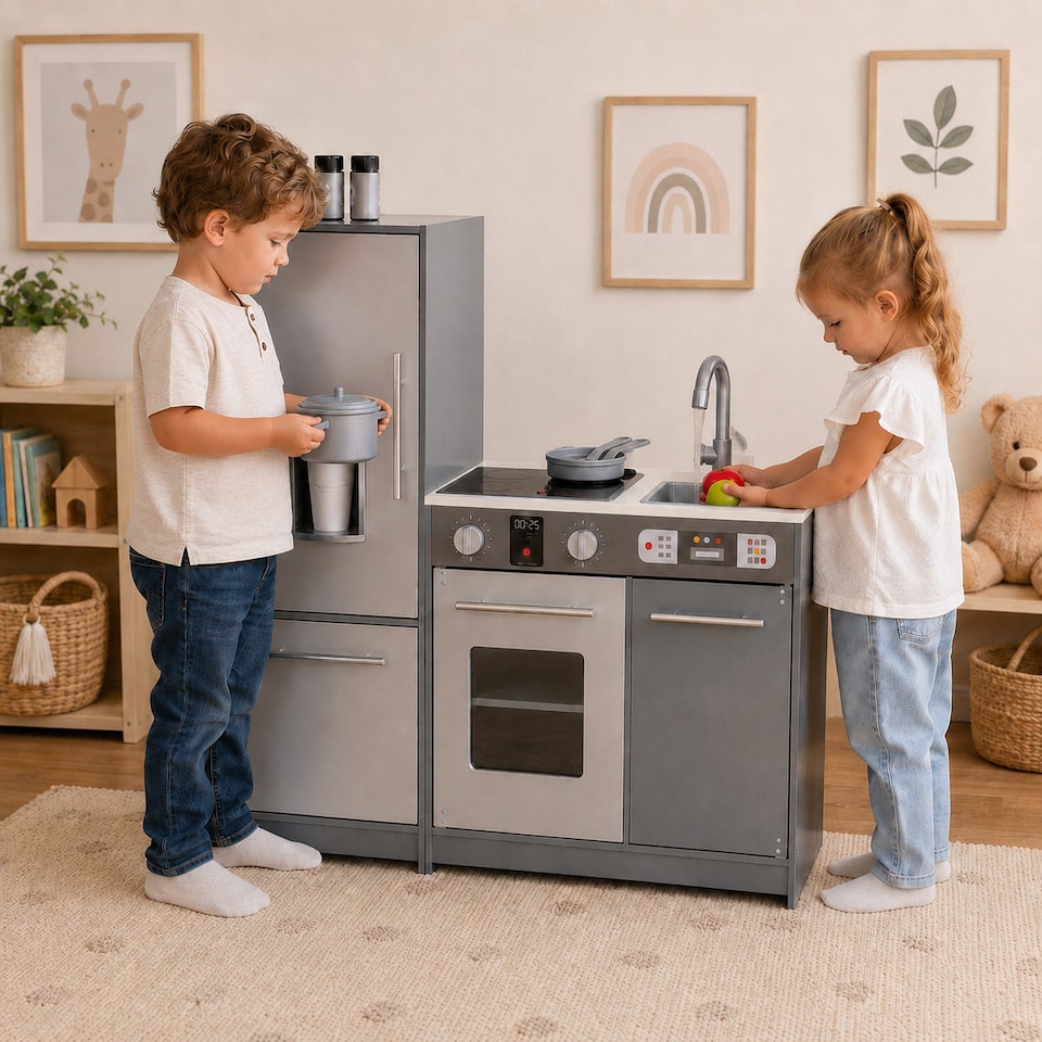 image 1 of Teamson Kids Play Kitchen, Medium Grey with Light and Sound, Little Chef Milano