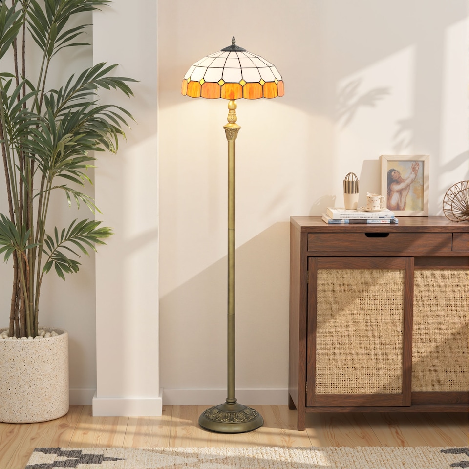 image 1 of HOMCOM Tiffany-Style Floor Lamp with Handcrafted Stained Glass Shade, 152cm Tall Vintage Standing Lamp with Foot Switch and Dual Sockets for Living Room Bedroom, Bronze Tone and Orange | Orange
