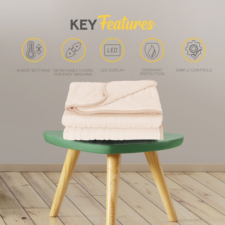 image 1 of Monhouse Heated Throw - Electric Blanket - Digital Controller - 9H Timer, 9 Heat Settings, Auto Shutoff - Single 130X160Cm | Cream | Beige Shearling | 1