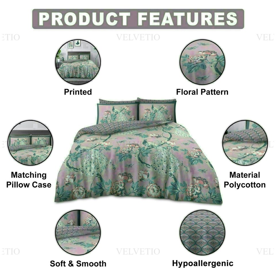image 1 of Floral Peacock Printed Duvet Cover Set Reversible Polycotton Beddings Pink | Double