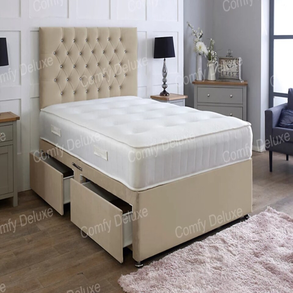 4ft6 Double Mink Plush Velvet Divan Bed With Headboard & Memory Sprung Mattress 2 Drawers One Each Side