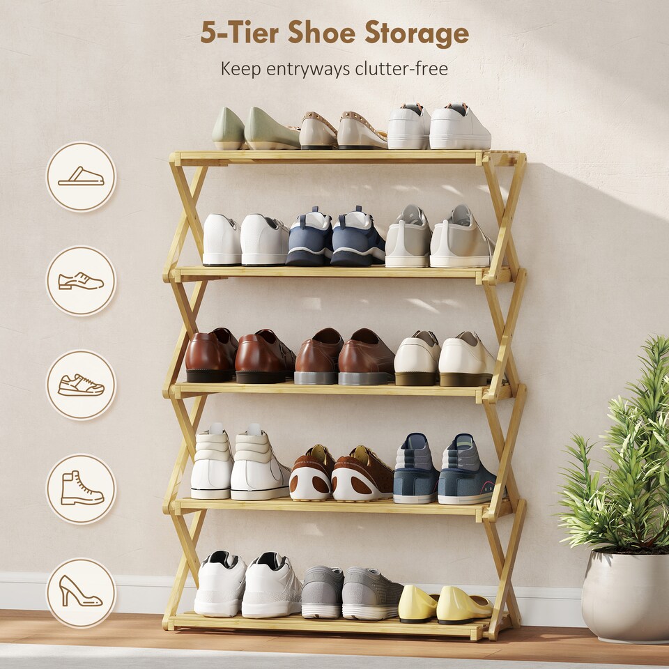 image 1 of HOMCOM 5-Tier Bamboo Shoe Rack, Folding Shoe Shelf, No Assembly, Portable Storage Organiser for Entryway, Hallway, Living Room, Small Space, Holds up to 15 Pairs, Natural | Brown | Natural wood finish