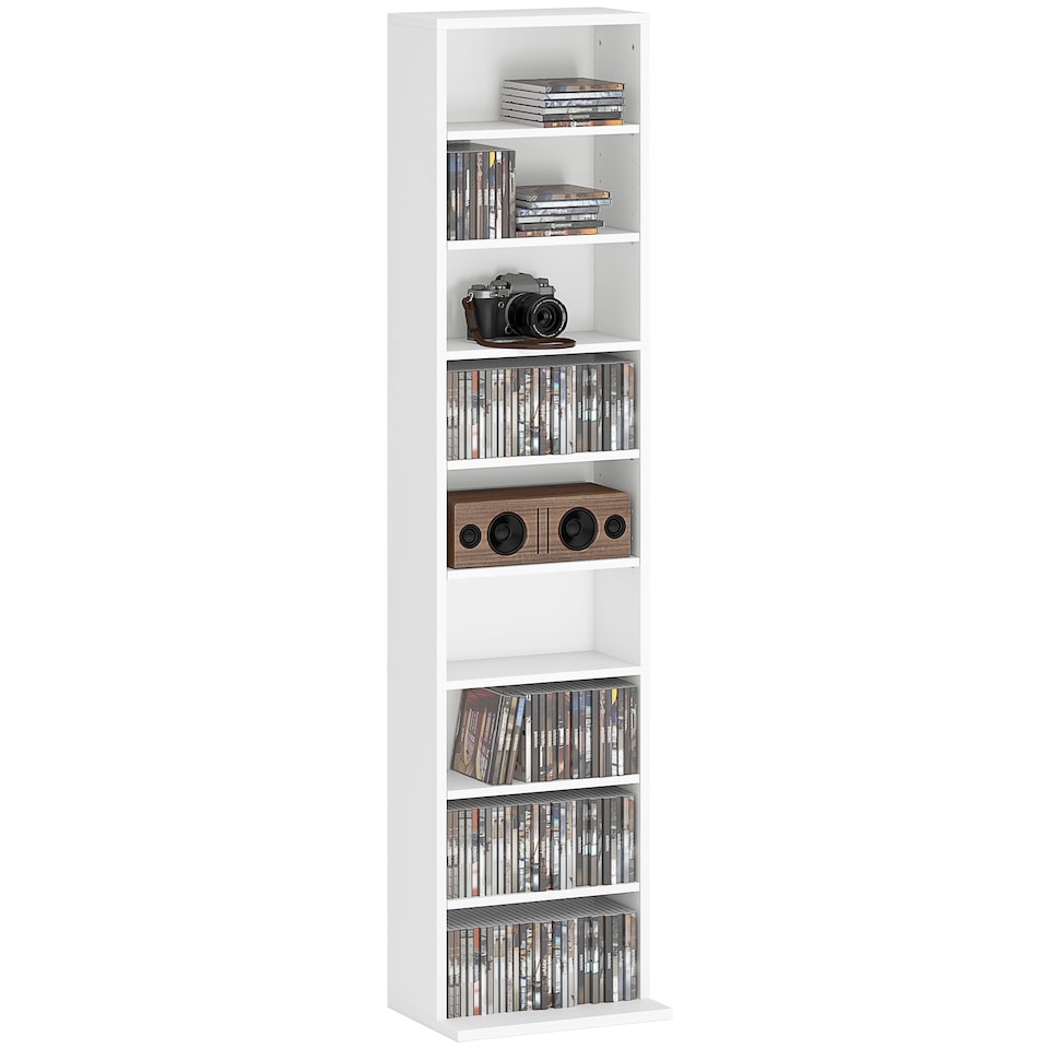 image 1 of HOMCOM 260 CD120 DVD Storage Unit, Blu-ray Media Storage Shelf with 9 Compartments and 6 Adjustable Shelves, CD Tower for Living Room, Bedroom, Office, White | White
