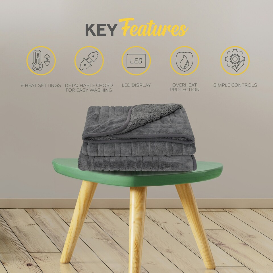 image 1 of MONHOUSE Heated Throw - Electric Blanket - Digital Controller - Timer up to 9 hours, 9 Heat Settings, Auto Shutoff - Single 130X160cm - Dark Grey Shearling