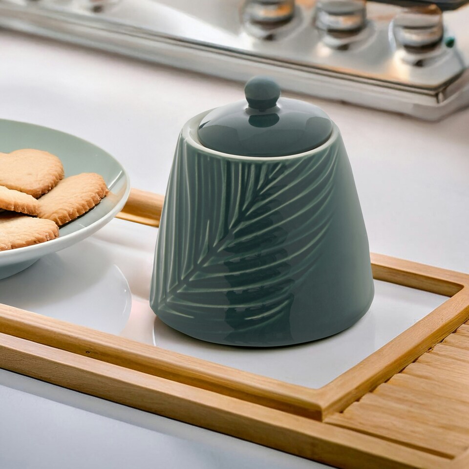 image 1 of Interiors By Premier Elegant Embossed Porcelain Sugar Pot With Orb Handle, Leaf Pattern Sugar Jar,Tapered Base Sugarpot With Lid Green
