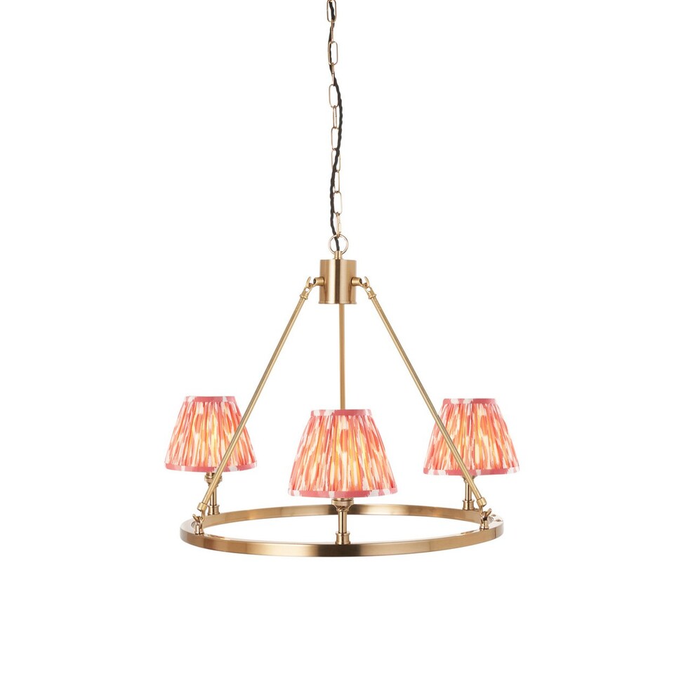 image 1 of Chester Brushed Aged Brass Plate Pendant Light with Coral Pink Fabric Ikat Shade 16cm 3x B22