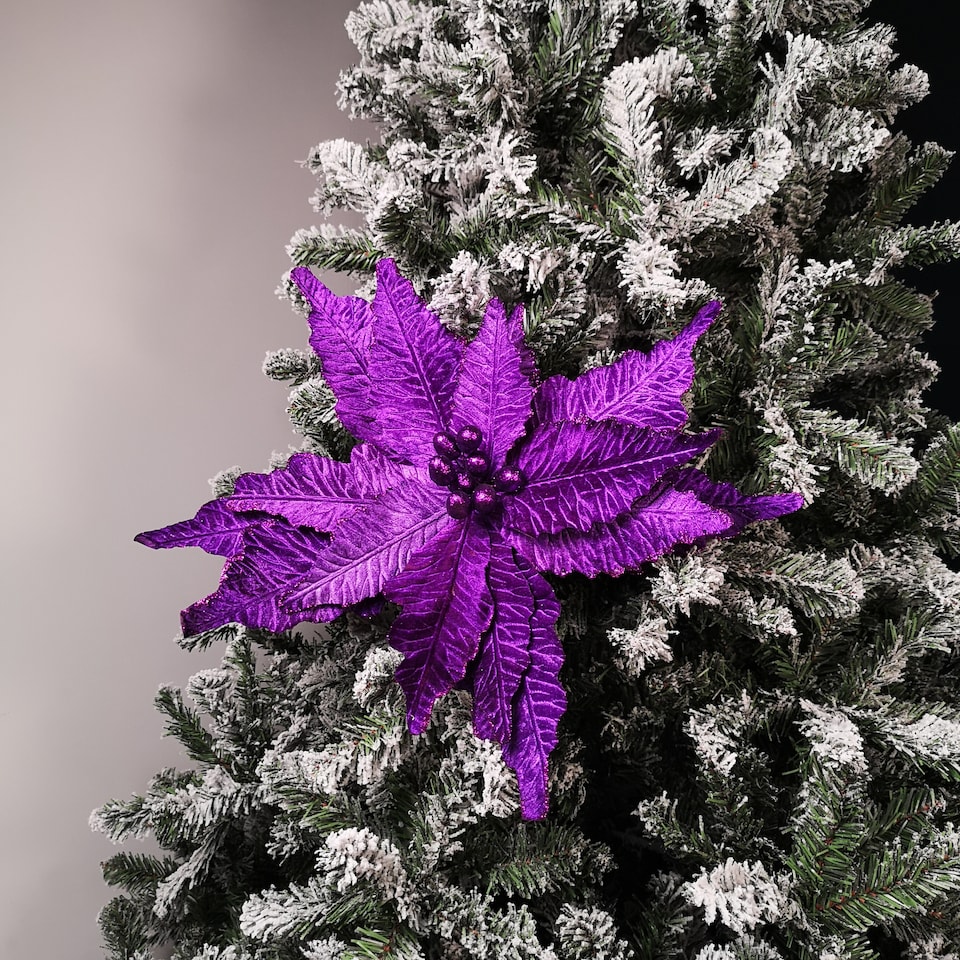 image 1 of 76cm Purple Velvet Poinsettia Stem with Glitter Christmas Decoration