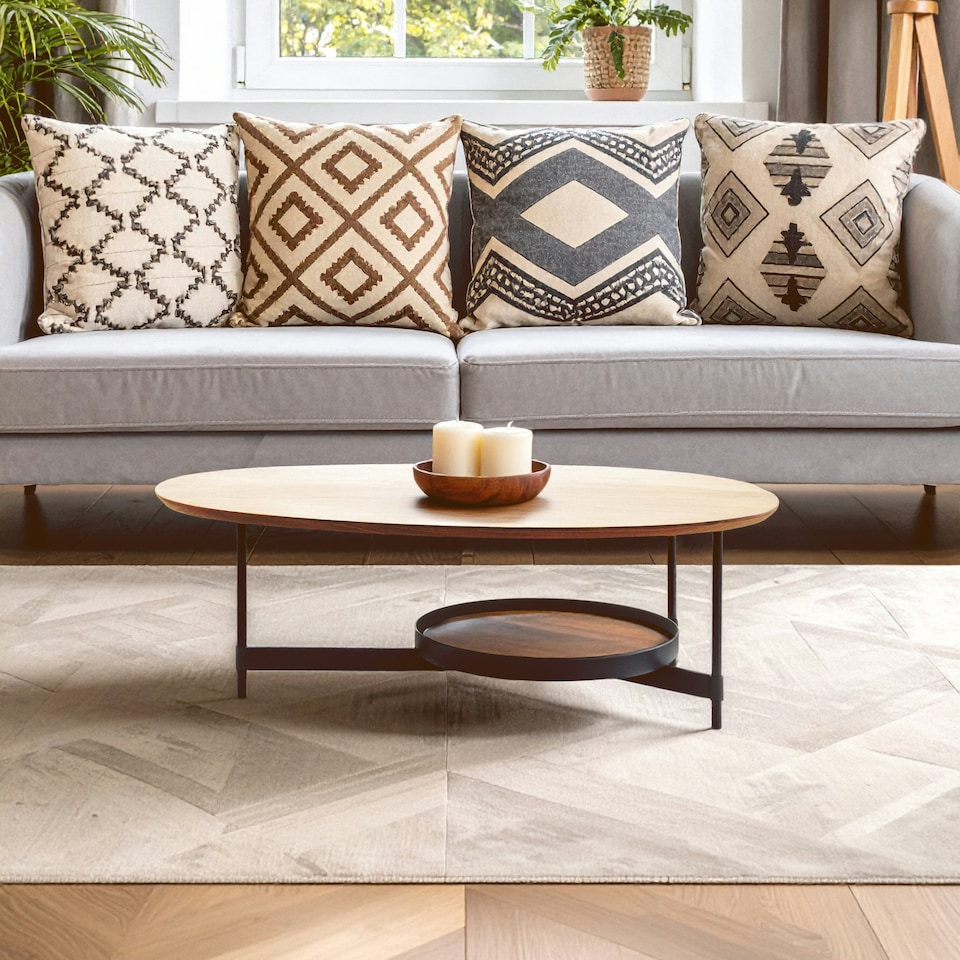 image 1 of Interiors by Premier Oblong Walnut‑Effect Coffee Table, Walnut Veneer Oblong Top, Black Metal Base with Lower Display Shelf Brown