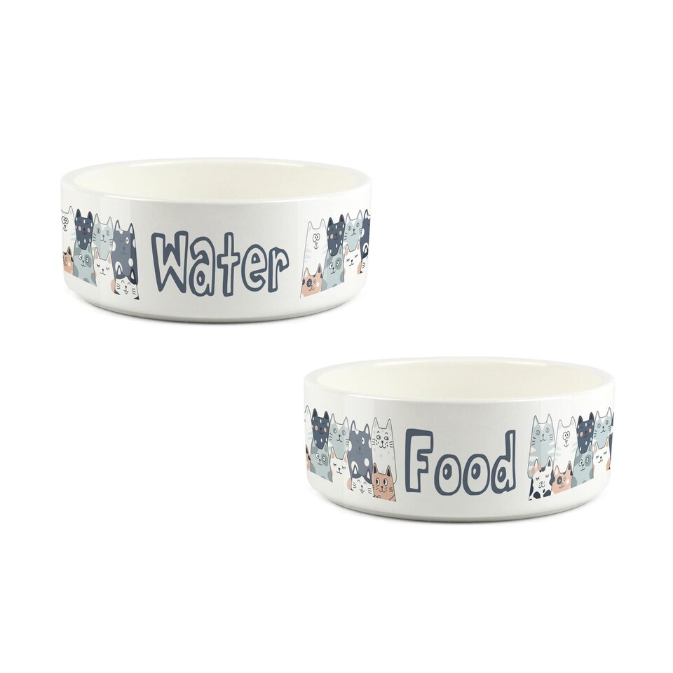 image 1 of Funny Cats Small Ceramic Bowl Set - White Feeding & Drinking Dishes For Cats