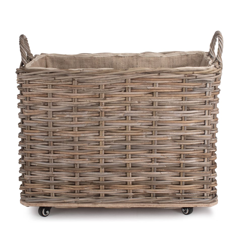 image 1 of Small Wheeled Rattan Hessian Lined Log Basket