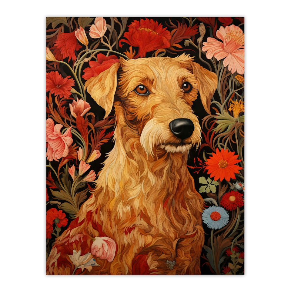 image 1 of Bright Bold Flowers Golden Terrier Dog Black Framed Wall Art Print A4