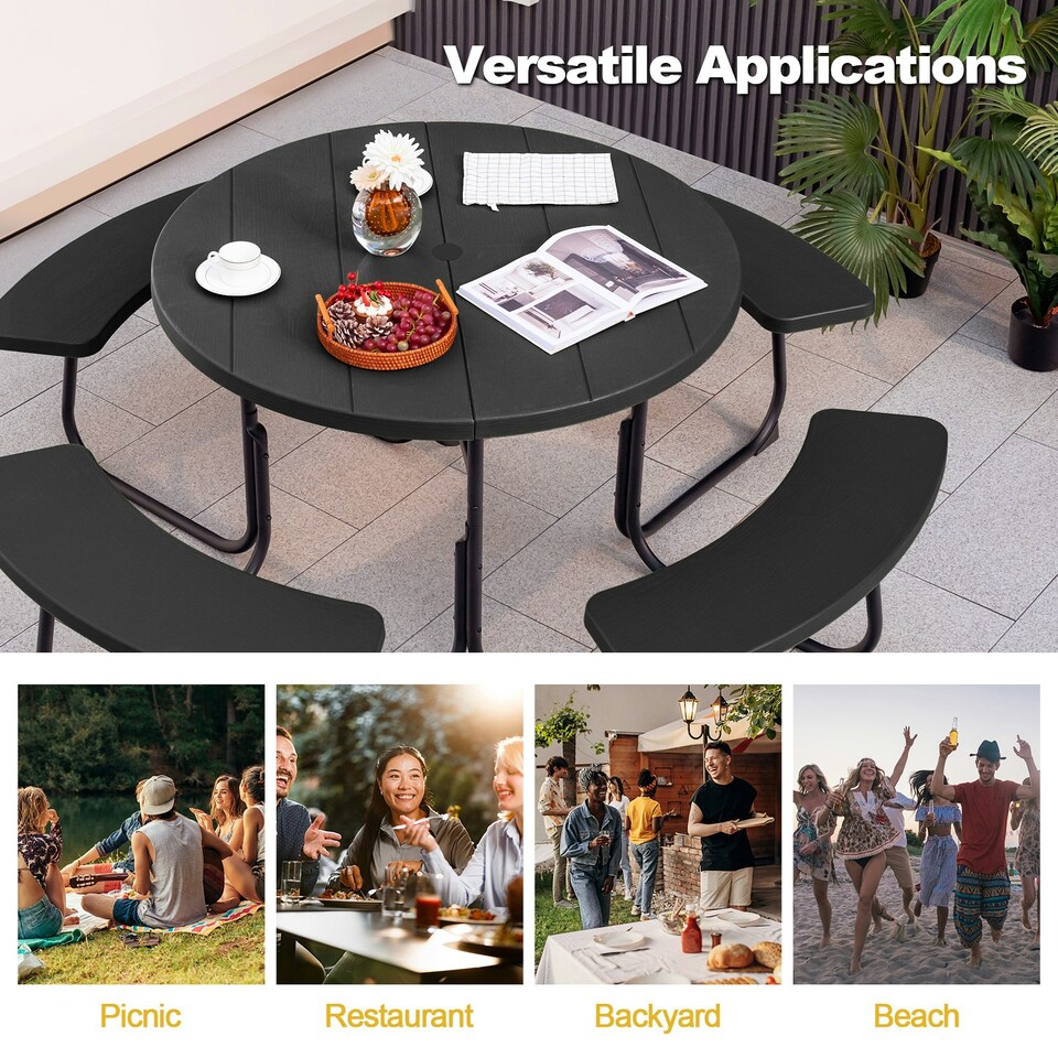 image 1 of COSTWAY 8 person Round Picnic Table Bench Set Picnic Table W/4 Benches