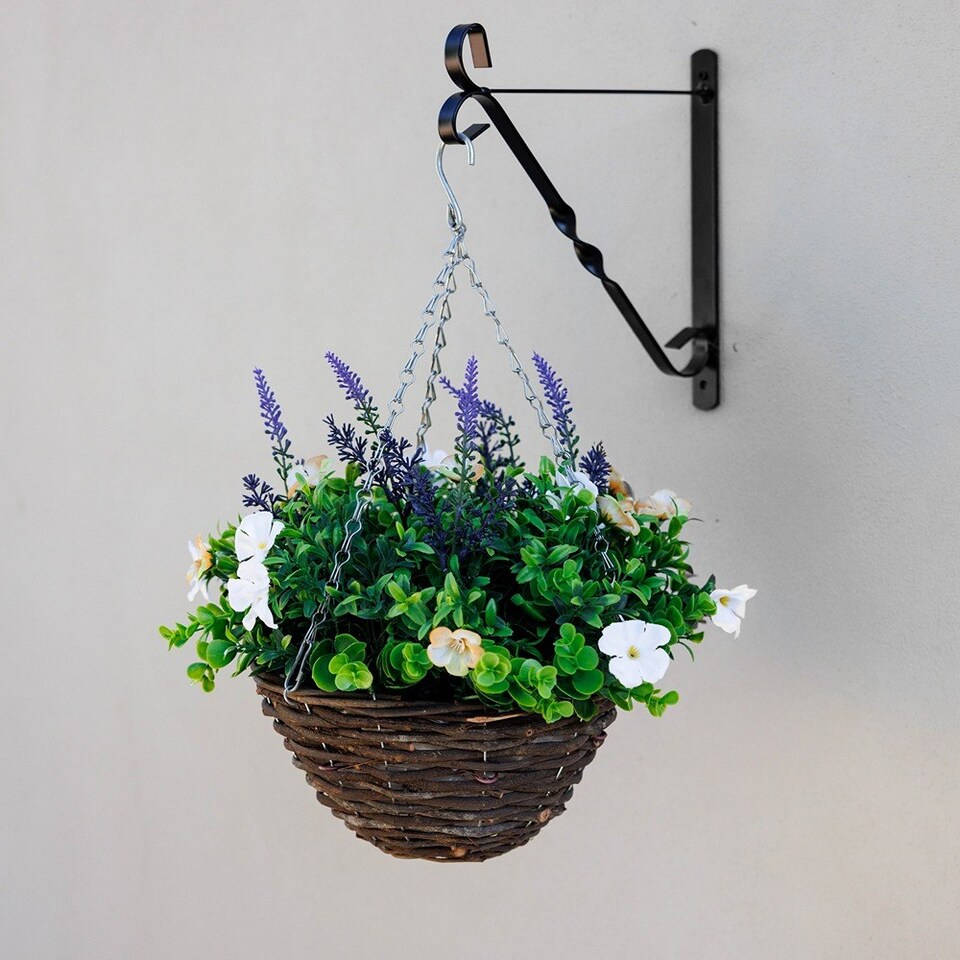 image 1 of Artificial Wildflower Hanging Floral Arrangement in Wicker Basket 32cm | Brown | Brown | 1