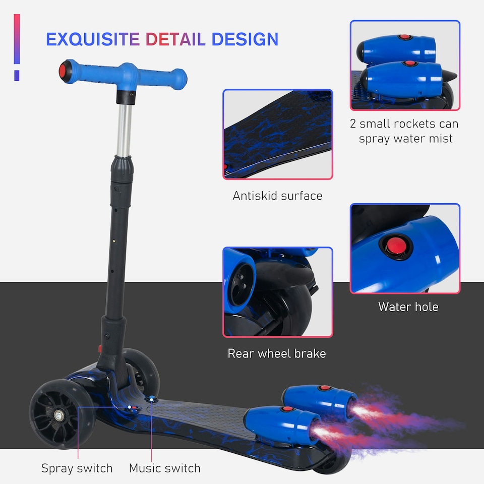 image 1 of HOMCOM Child 3-Wheel Scooter Light Music Water Spray Rechargeable 3-6 Yrs Blue