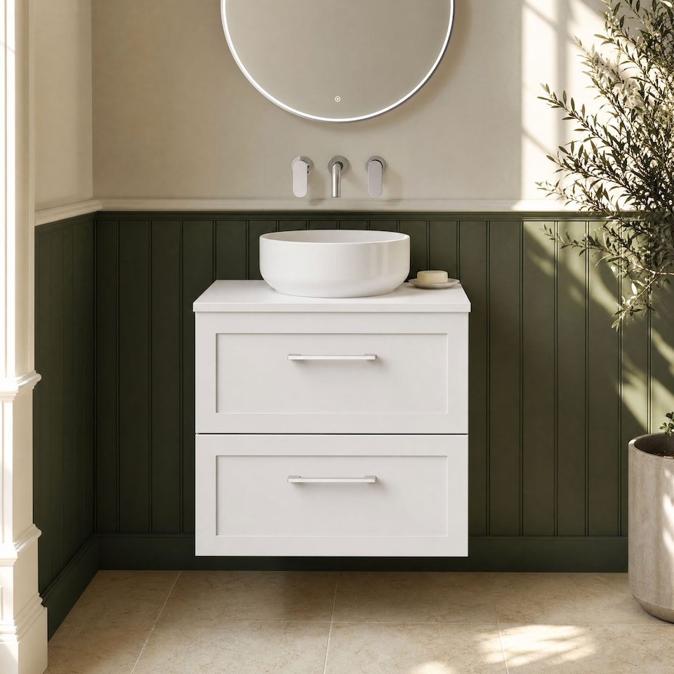 image 1 of Stonnall Traditional Wall Hung 2 Drawers Vanity Unit with Laminate Worktop, 600mm, Matt White