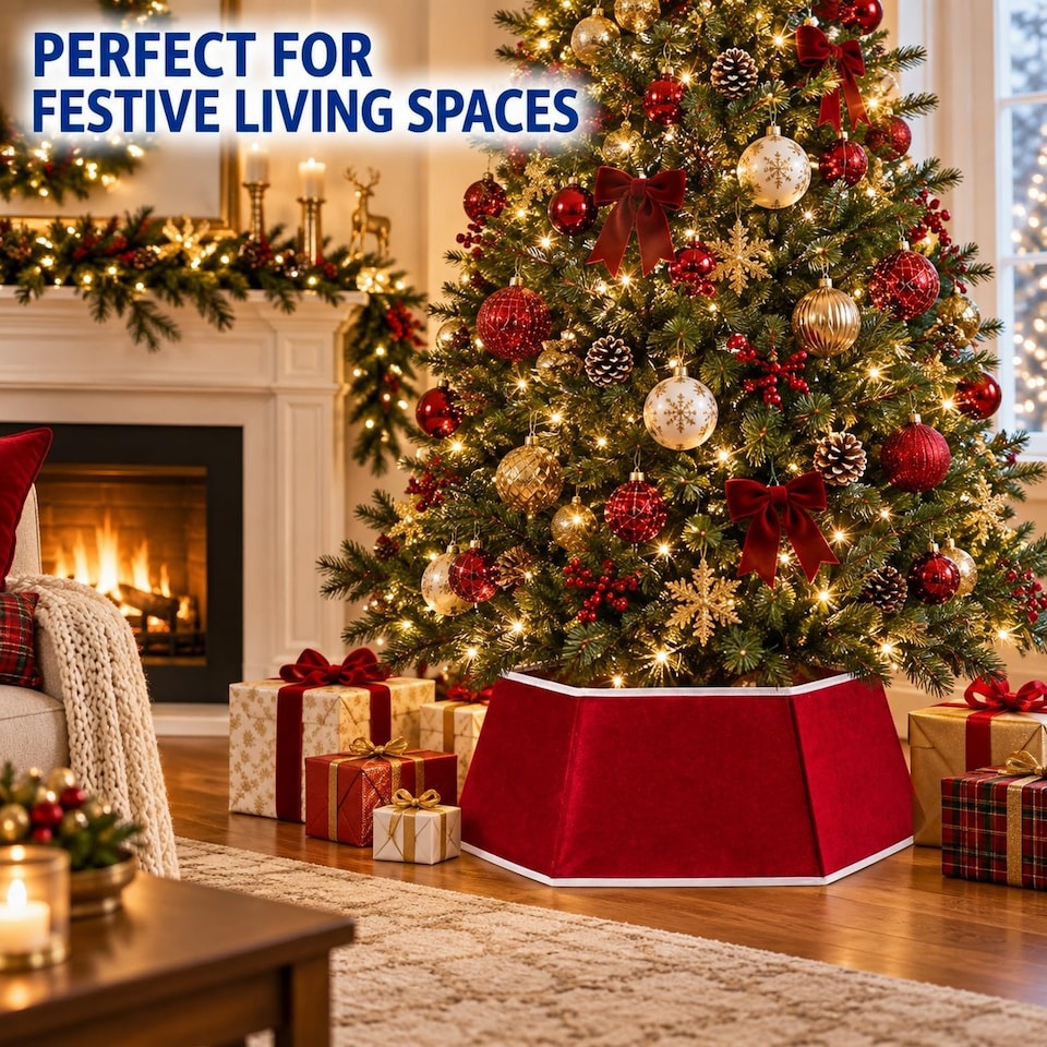 image 1 of 26.8 Inch Hexagonal Fabric Christmas Tree Collar for a Neat Festive Finish