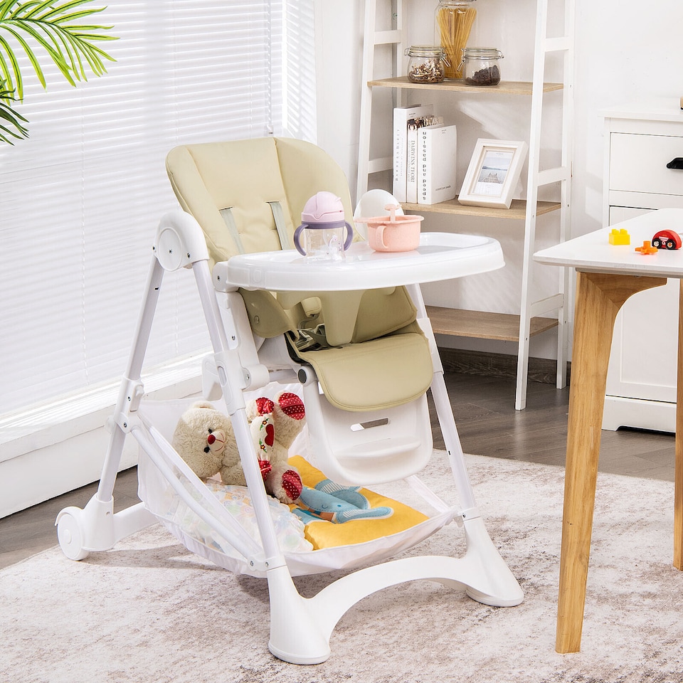 image 1 of COSTWAY Folding Baby High Chair Convertible Dining Chair Portable Highchair-Beige