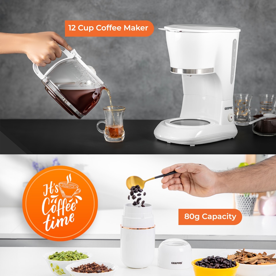 image 1 of Geepas 1.5L Filter Coffee Machine and 80g Coffee Grinder Set White