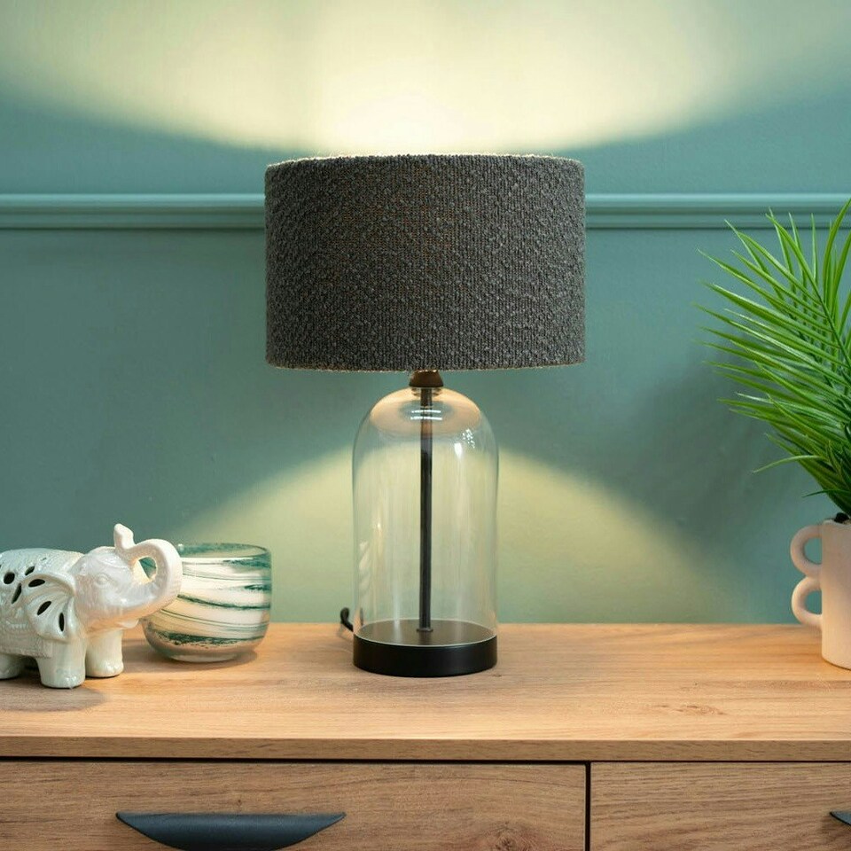 image 1 of ValueLights Jessy Glass and Black Metal Bedside Table Lamp with a Charcoal Grey Lampshade - Bulb Included Grey