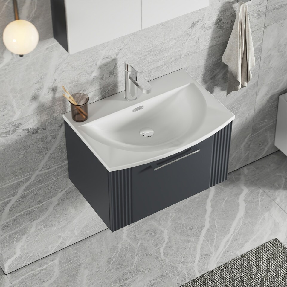 image 1 of Retro 1 Drawer Wall Hung Vanity Unit with Curved 1 Tap Hole Ceramic Basin - 600mm - Satin Dark Grey - Balterley Grey